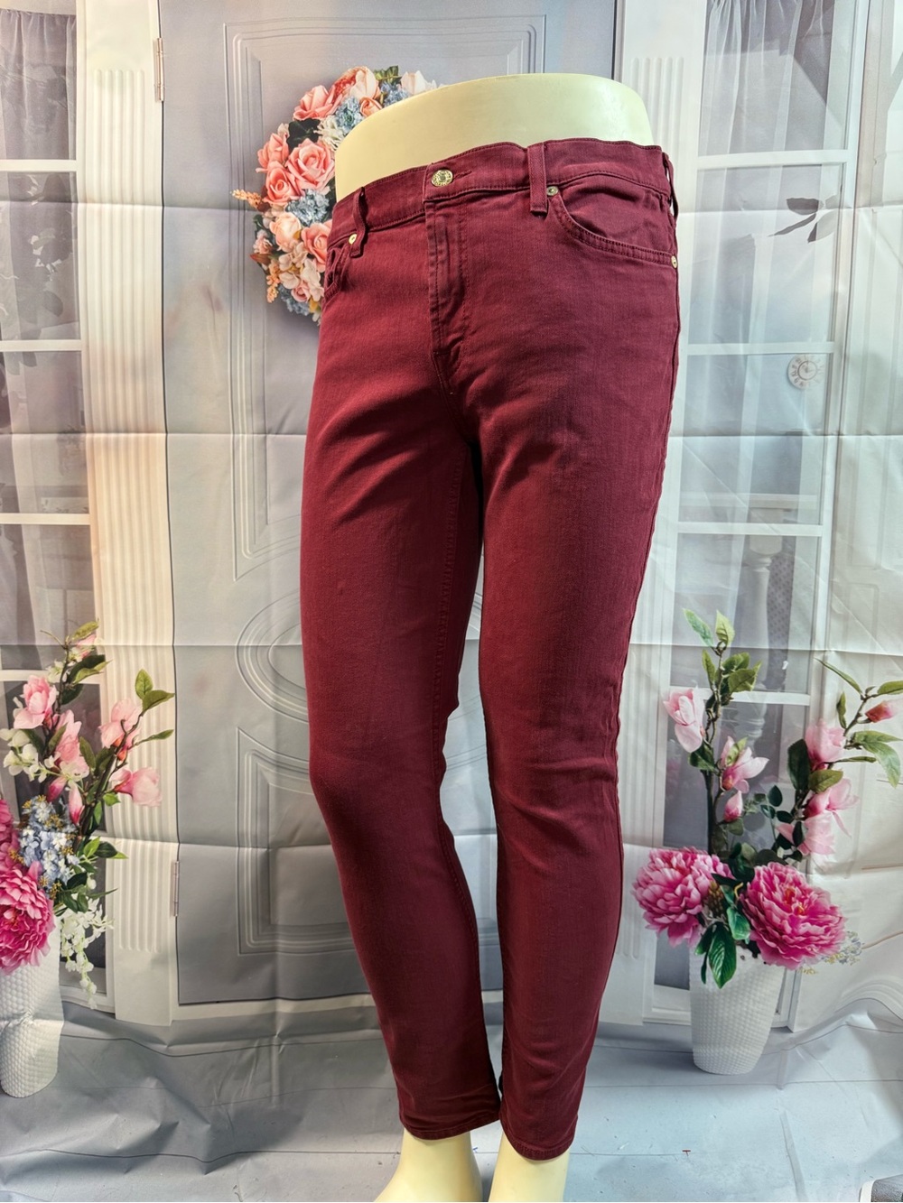 1063-7 For All Mankind Wine Red Cropped Skinny Jeans